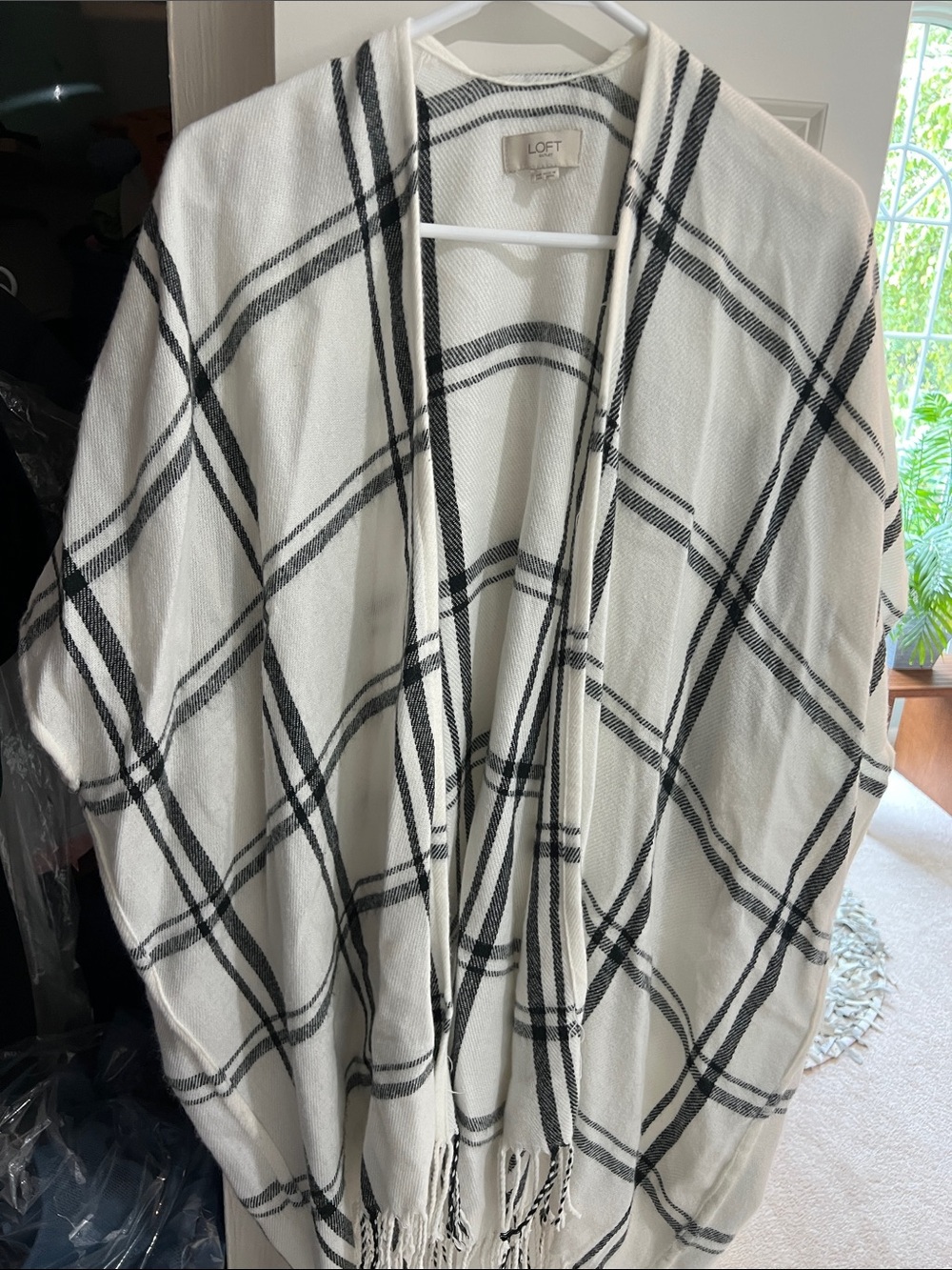 LOFT Black and White Plaid Open-Front Poncho Wrap
